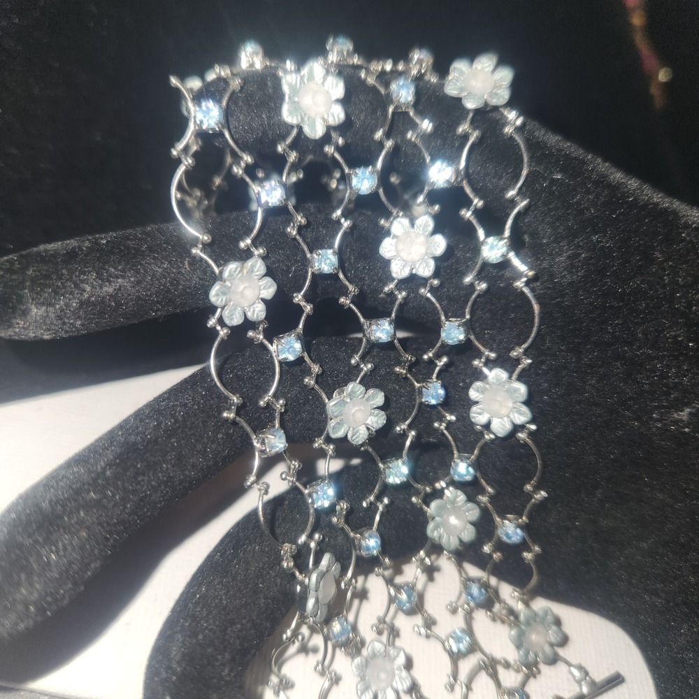 Silver Tone‎ Blue Rhinestone White Floral Lattice Wide Cuff Bracelet Statement